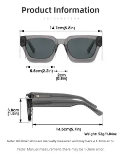 Detailed size guide of grey transparent square sunglasses with product dimensions