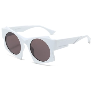 Irregular white polygon sunglasses with thick frames and dark grey UV lenses