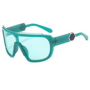 Green wraparound cycling sunglasses with large frames and silver hexagon temple accents