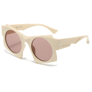 Irregular cream beige sunglasses with brown round lenses and geometric UV protection frame