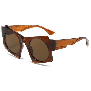 Modern irregular oversized sunglasses with amber brown frame and anti-UV lenses