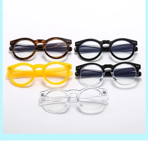 Close-up of oversized round eyeglass frames in five diverse colors with rivet details
