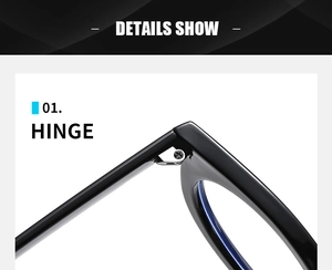 Detailed close-up of reinforced metal hinges on black polished oval eyeglasses frames