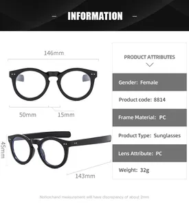 Detailed size chart for retro oval eyeglasses frame with 146mm width and PC material