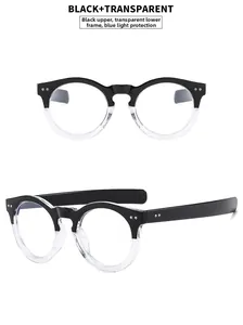 Detail of oversized round glasses featuring black and transparent split frame design