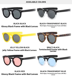 Détail de lunettes de soleil rondes rétro avec monture large en diverses couleurs et verres