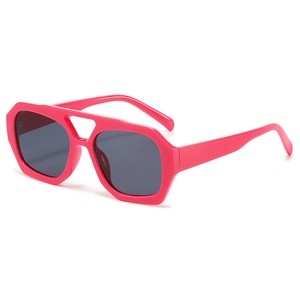 Lunettes de soleil géométriques rose vif à double pont avec verres gris, style rétro chic