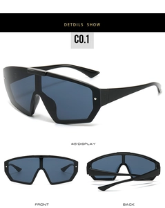 Vue détaillée des lunettes de soleil shield noires avec verres UV bleus et rivets