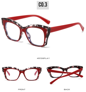 Détail des lunettes œil de chat TR90 en rouge et imprimé léopard, vues avant et arrière