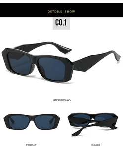 Vue sous trois angles de lunettes de soleil polygonales noires avec verres UV bleus