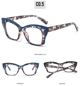 Vues détaillées des lunettes TR90 anti-lumière bleue avec monture carrée bicolore marbrée