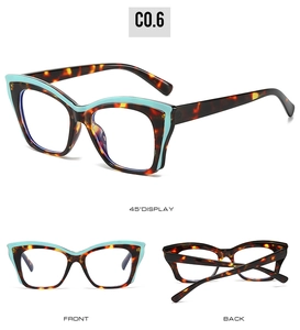 Vue triple d'une monture de lunettes œil-de-chat carrée avec filtre de lumière bleue