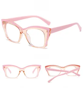 Vue triple d'une monture de lunettes carrée rose en TR90 avec filtre de lumière bleue