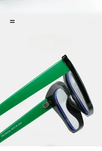 Détail de la monture TR90 carrée montrant la charnière métallique et le design bicolore vert