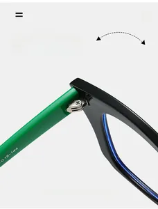 Détail macro de la charnière métallique sur lunettes TR90 noir et vert anti-lumière bleue