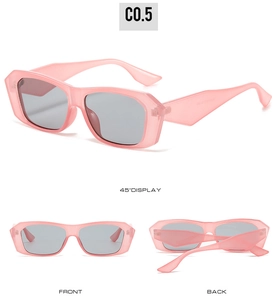 Vue sous trois angles de lunettes de soleil roses avec verres gris et monture en résine