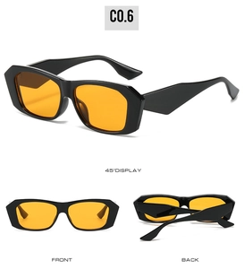 Lunettes de soleil rectangulaires noires à verres orange, vues de face, de dos et à 45°
