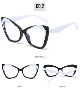 Vues détaillées des lunettes œil de chat en TR90 avec monture contrastée noir et blanc