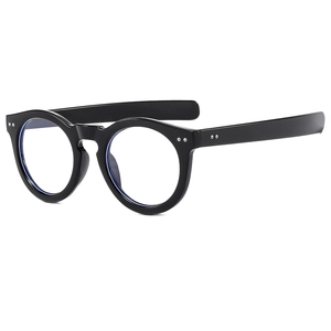 Fashionable round black glasses frame with blue light blocking lenses and rivet accents