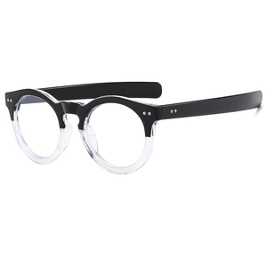 Oversized round eyeglasses frame with black and transparent two-tone split design
