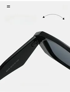 Détail macro des charnières robustes et spécifications sur lunettes de soleil noires
