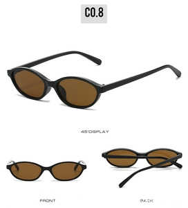 Detailed multi-angle views of retro oval sunglasses with black frames and amber lenses