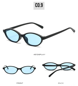 Three views of black oval sunglasses with blue lenses from front, back and 45 degree angle