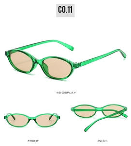 Three views of retro green oval sunglasses showing front, back, and 45-degree angle details