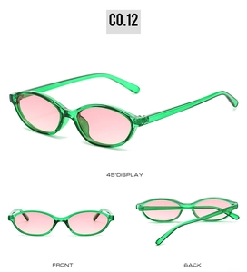 Three-angle view of vintage oval sunglasses with transparent green frames and pink lenses