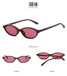 Three-way display of retro oval sunglasses with dark burgundy frames and pink lenses