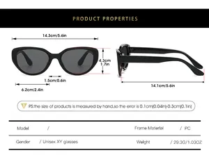 Detailed size chart for cat eye sunglasses showing PC frame dimensions and specifications