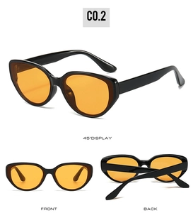 Black cat eye sunglasses with orange lenses shown in front back and 45 degree views