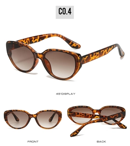 Three-view display of cat-eye tortoiseshell sunglasses with brown gradient lenses