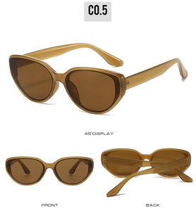 Three-way view of amber cat-eye sunglasses showing front, back, and 45-degree angle