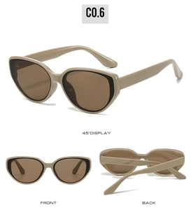 Three-angle display of cat-eye sunglasses in khaki frame with brown lenses C0.6