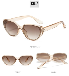 Detailed views of champagne cat eye sunglasses with brown lenses from multiple angles
