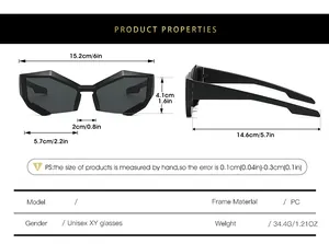 Detailed size chart for stylish rimless sunglasses including frame and lens dimensions