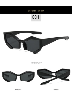 Detail view of black geometric rimless sunglasses showing front and side profile perspectives