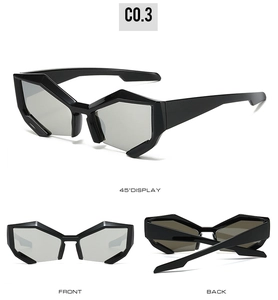 Three-angle view of futuristic geometric semi-rimless sunglasses with sharp black frames