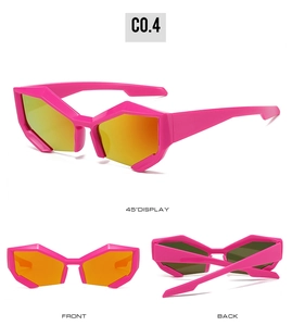 Three-angle display of hot pink geometric sunglasses with orange gradient lenses