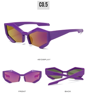 Front and side views of purple geometric half-rim sunglasses with orange reflective lenses