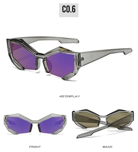 Three-angle display of semi-rimless geometric sunglasses with purple reflective lenses
