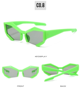 Three perspectives of neon green geometric semi-rimless sunglasses with dark lenses