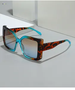 Detailed view of square tortoise shell sunglasses with two-tone blue gradient temples