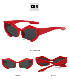 Detailed views of red half-frame sunglasses with dark lenses from multiple angles