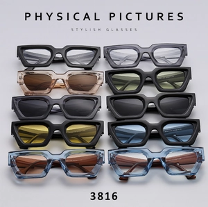 Flat lay of stylish square sunglasses in ten colors showing frame details and sizing