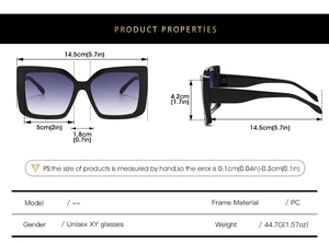 Detailed technical drawing of square frame PC sunglasses showing dimensions and weights