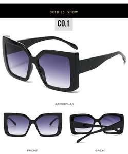 Three-view display of large square sunglasses with black frames and purple gradient lenses
