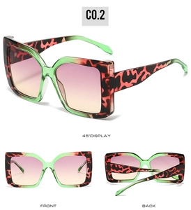 Three-angle view of oversized square sunglasses with tortoise frame and gradient lenses