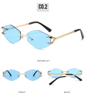 Vues détaillées des lunettes de soleil losange sans monture avec verres bleu clair et métal